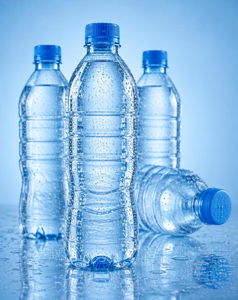 Unlabeled bottles of still water with droplets